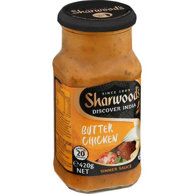 Sharwoods Butter Chicken Simmer Sauce, creamy and mild blend for easy, authentic butter chicken curry at home.