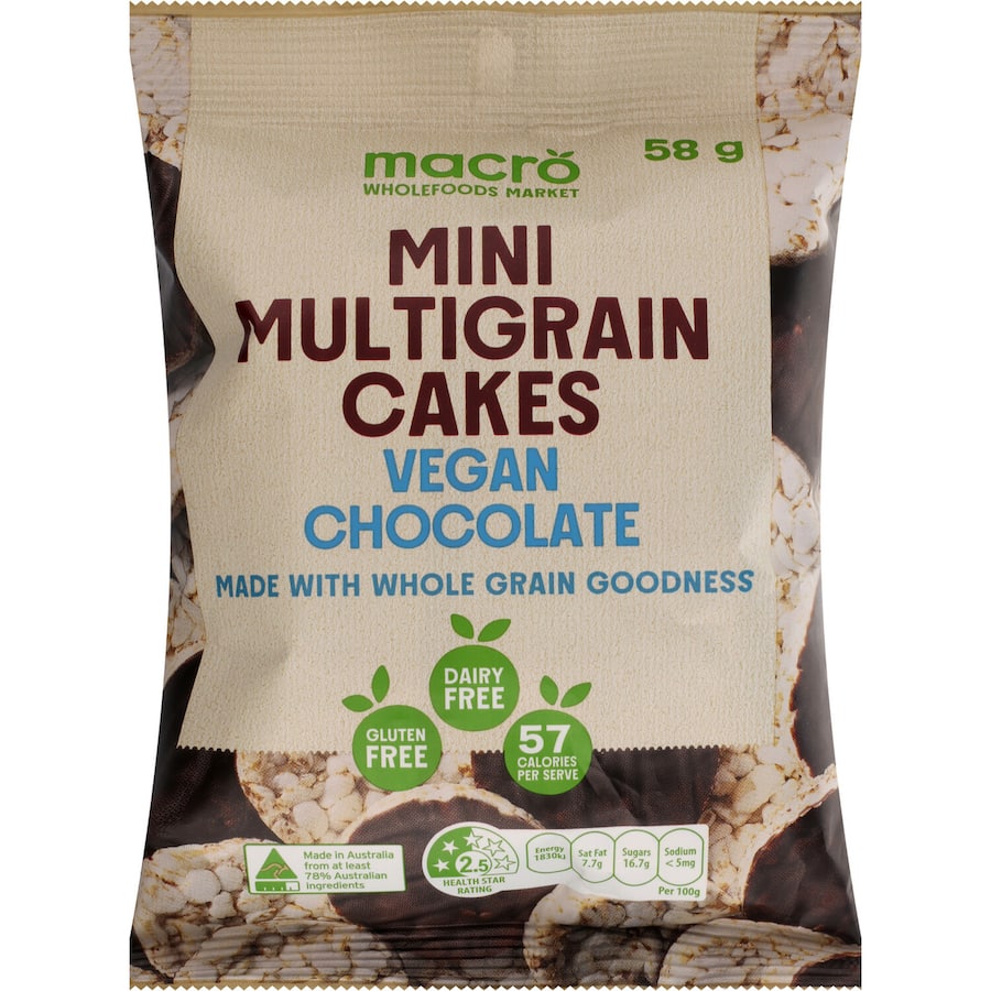 Multigrain vegan chocolate rice cakes, crispy and guilt-free, perfect for a healthy snack anytime.