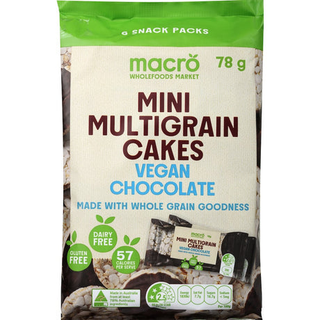 Crunchy vegan chocolate multigrain rice cakes, perfect for a nutritious and satisfying snack anytime.