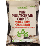 Crunchy multigrain vegan rice cakes coated in rich dark chocolate, perfect for healthy snacking.