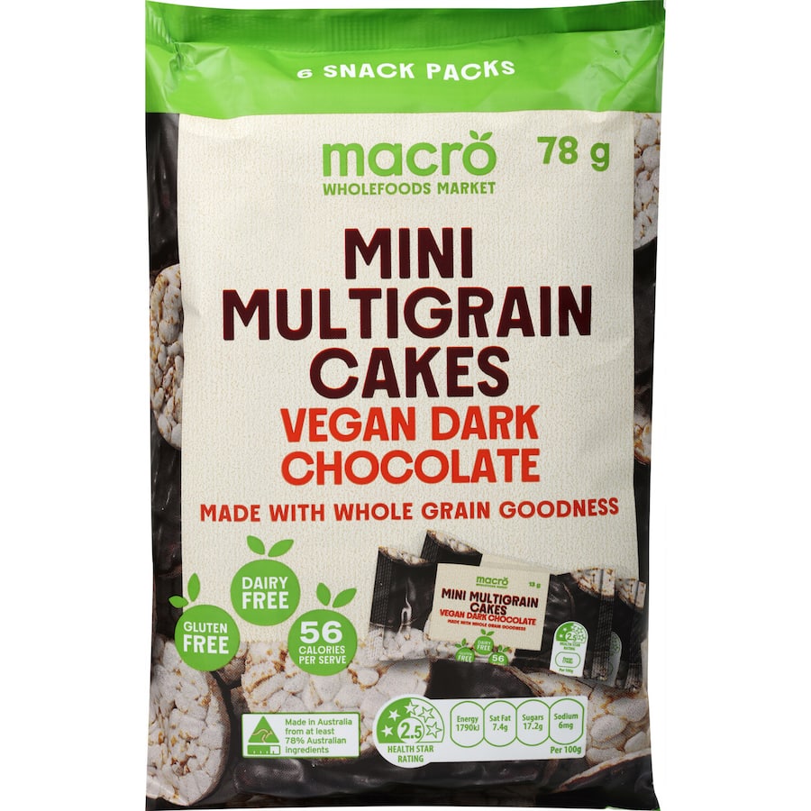 Crunchy multigrain rice cakes drizzled with rich vegan dark chocolate for a guilt-free, delicious snack.