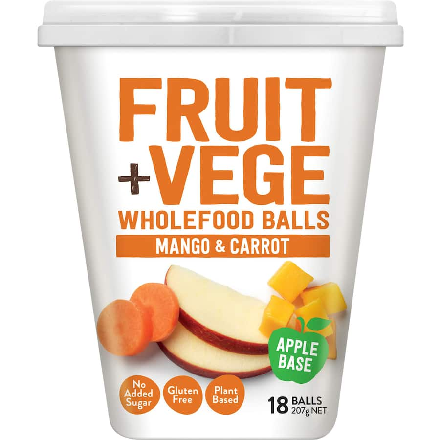 Tasti Fruit + Vege Snack Balls in Mango & Carrot flavor, nutritious, gluten-free, ideal for on-the-go snacking.