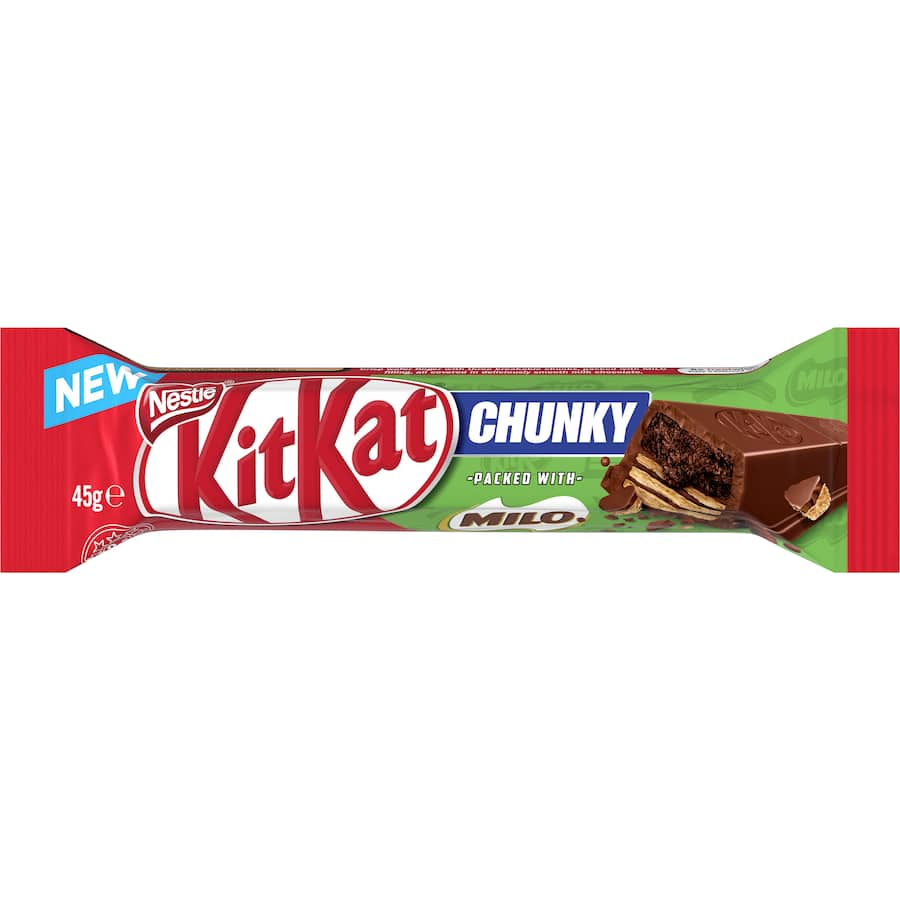 Crispy Kit Kat bar filled with Milo, featuring three breakable chunks and smooth milk chocolate coating.