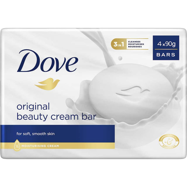 Dove Original Soap Bar: moisturizes and cleanses for soft, radiant skin; suitable for all skin types, dermatologically tested.