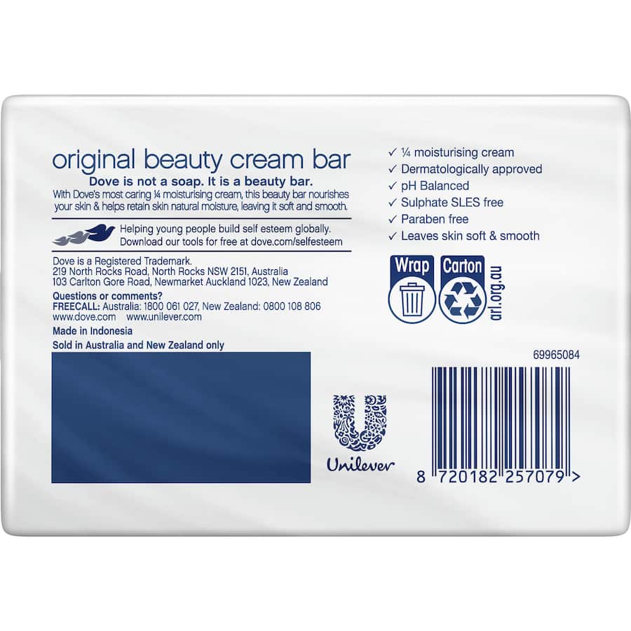Dove Soap Bar Original: Creamy beauty bar with 1/4 moisturizing cream for soft, smooth, radiant skin; suitable for all skin types.