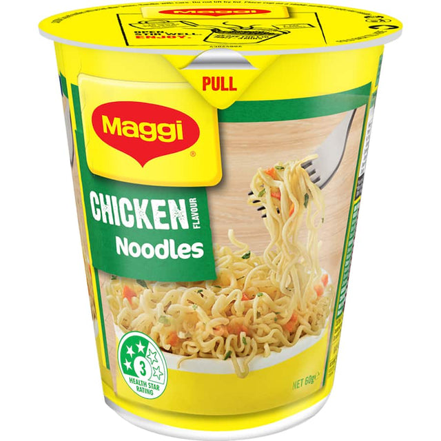 Maggi Super Noodles Chicken Cup, a quick meal solution with bold chicken flavor, ready in just 3 minutes. Perfect for on-the-go.