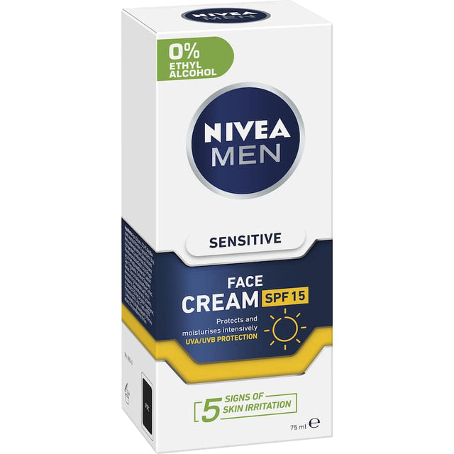 Nivea For Men Facial Moisturiser SPF 15, a soothing cream for sensitive skin with Chamomile and Vitamin E, offers hydration and sun protection.