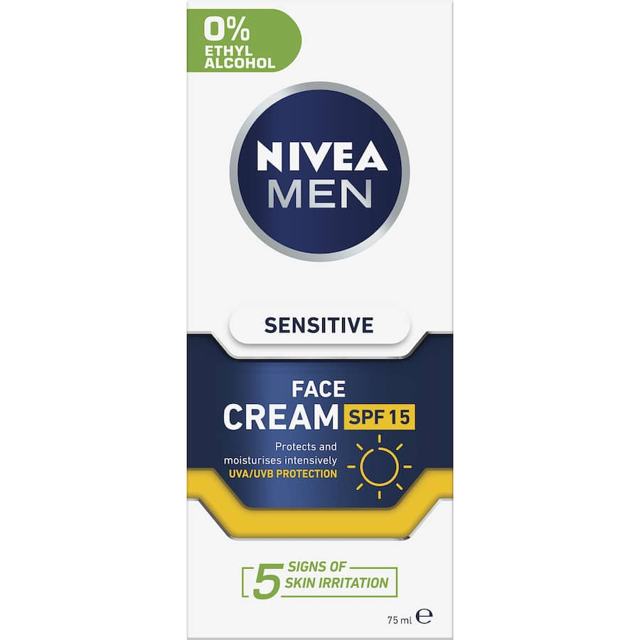 Nivea For Men Facial Moisturiser Sensitive SPF 15 offers hydration and sun protection with Chamomile and Vitamin E for sensitive skin.