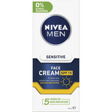 Nivea For Men Facial Moisturiser Sensitive SPF 15 offers hydration and sun protection with Chamomile and Vitamin E for sensitive skin.