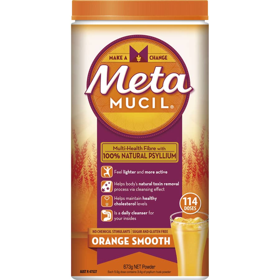 Metamucil Smooth Orange fiber supplement, 114 doses, supports digestive health with natural psyllium husk for better gut wellness.