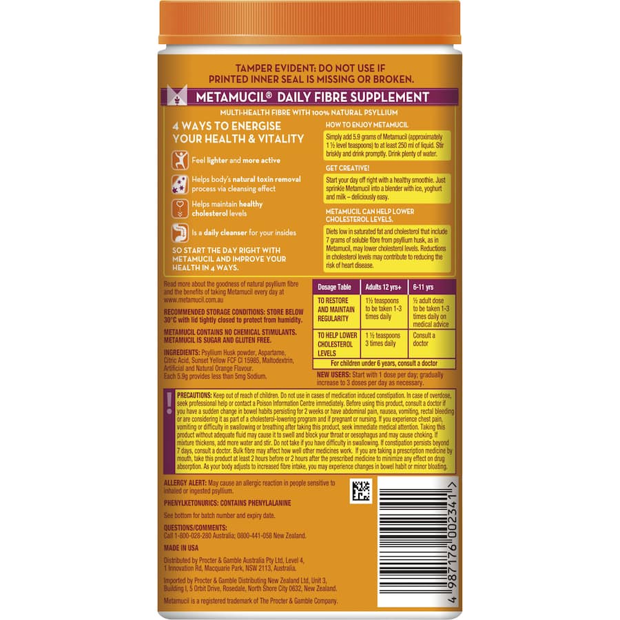 Metamucil Smooth Orange fiber supplement, 114 doses, featuring natural psyllium for digestive health and regularity.