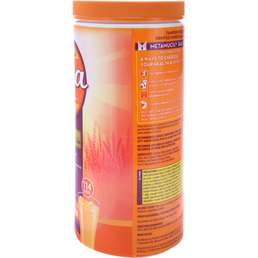 Metamucil Smooth Orange fiber supplement, enriched with psyllium husk for digestive health and regularity, 114 doses.