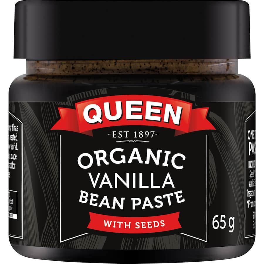 Queen Organic Vanilla Bean Paste in a jar, showcasing a rich, thick texture, perfect for enhancing desserts and baking.