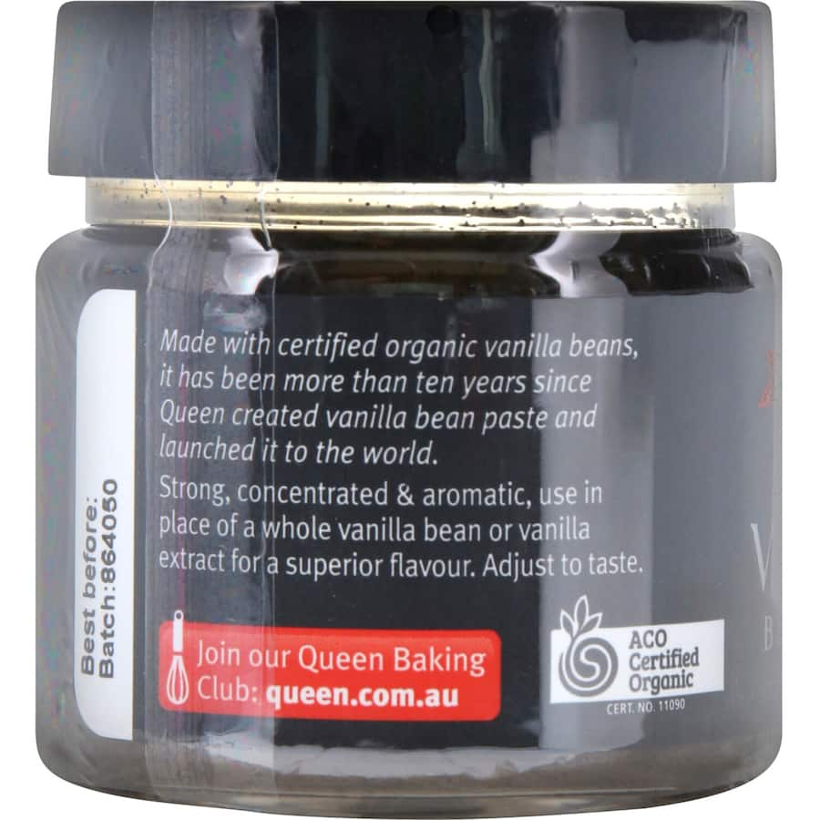 Organic Queen Vanilla Bean Paste in a glass jar, perfect for enhancing desserts and baking with rich vanilla flavor.