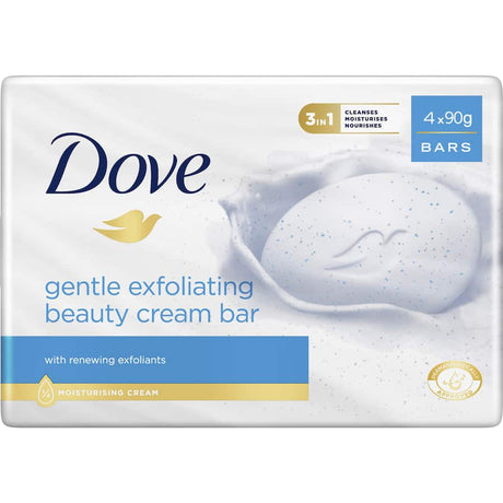 Dove Exfoliating Soap Bar with moisturizing cream and exfoliating beads for soft, smooth, and revitalized skin.