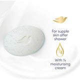 Dove Exfoliating Soap Bar featuring moisturizing cream and gentle exfoliating beads for soft, smooth skin.