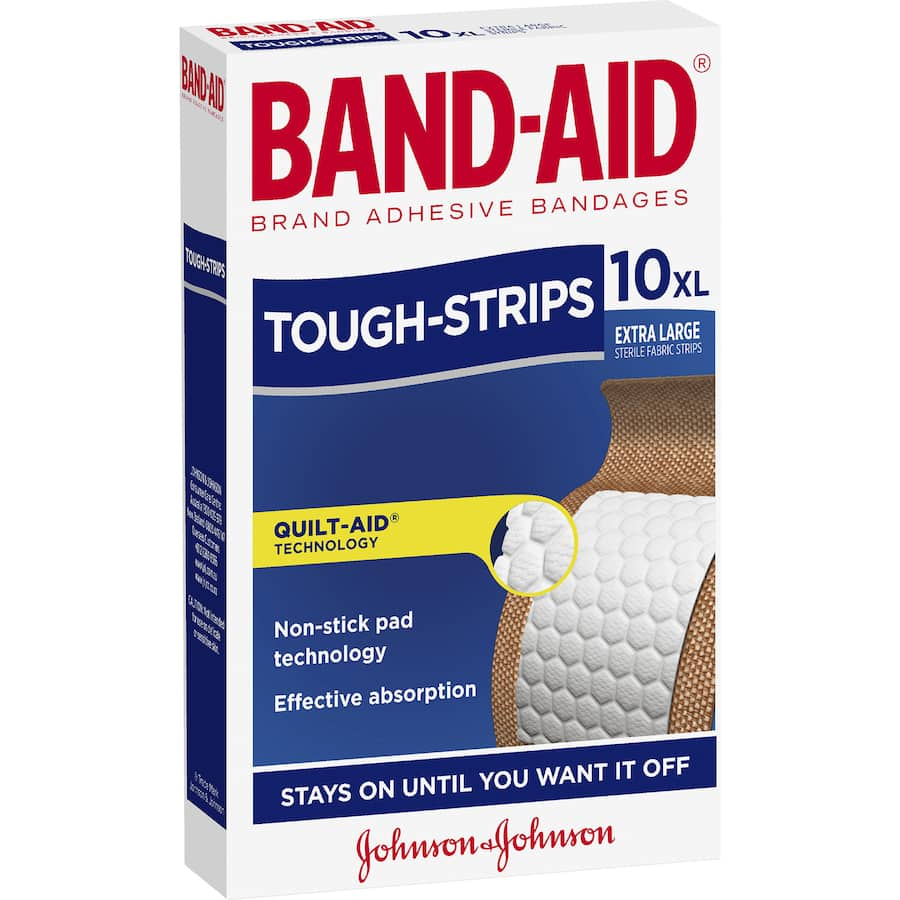 Extra-large Band Aid Tough Strips with quilted non-stick pad, heavy-duty fabric, and strong adhesive for effective wound protection.