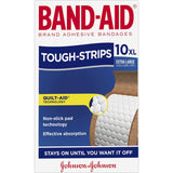 Extra-large Band-Aid Tough Strips with non-stick pads, heavy-duty fabric, and super stick technology for reliable wound care.