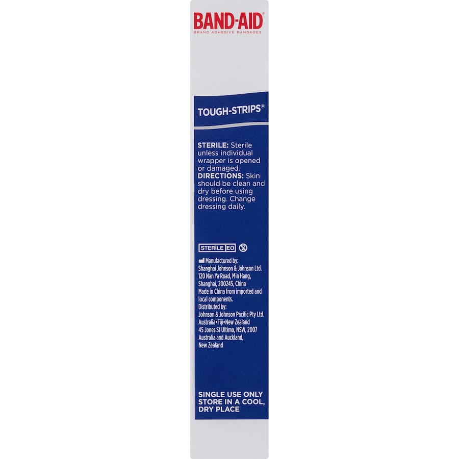 Extra-large Band Aid Tough Strips with heavy-duty fabric and non-stick pad for rugged wound care and protection.