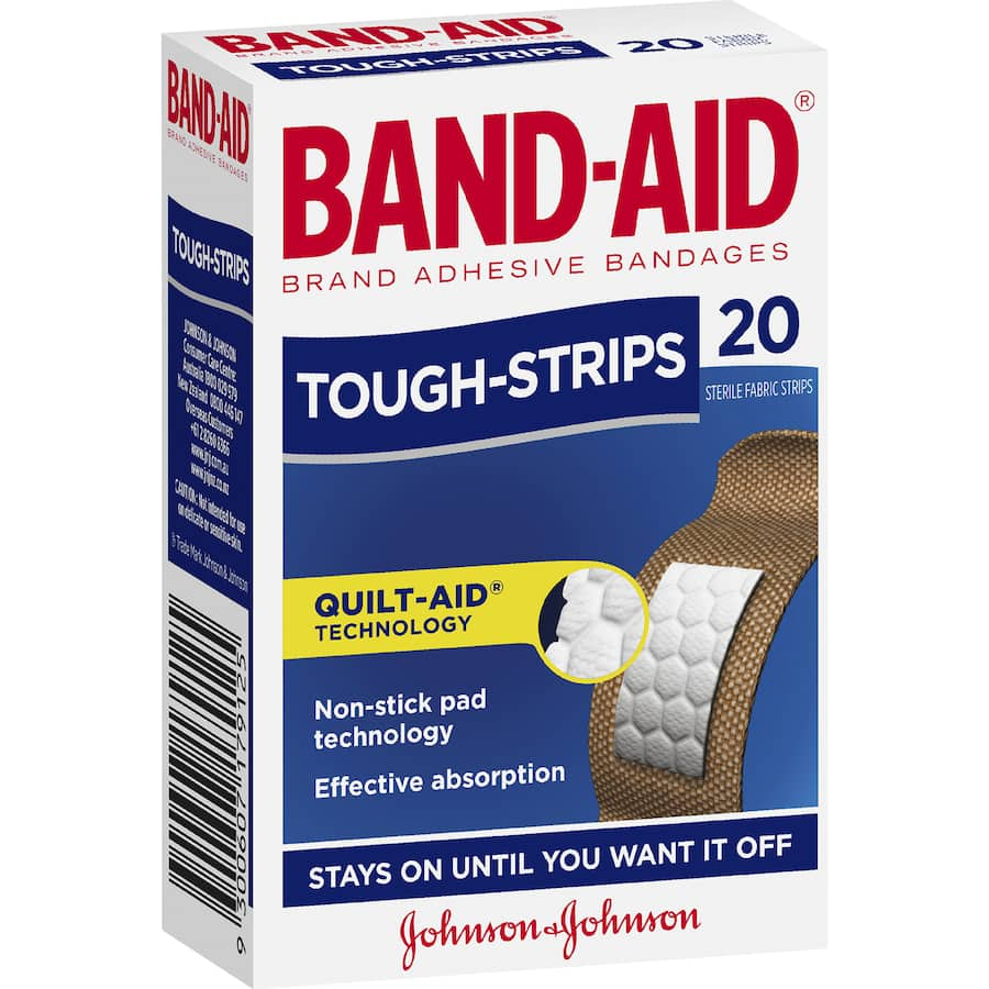 Durable Band Aid Tough Strips with Quilt-Aid Technology for reliable wound care and maximum adhesion.