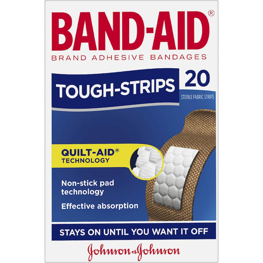 Durable Band Aid Tough Strips with Quilt-Aid Technology for reliable wound care and optimal comfort. Ideal for active lifestyles.