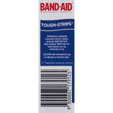 Band Aid Tough Strips Regular featuring heavy-duty fabric and a non-stick pad for effective wound care and protection.