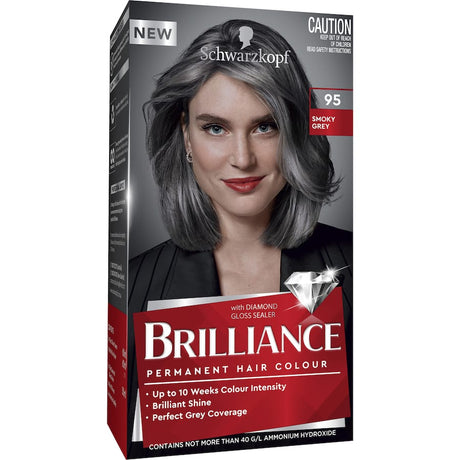 Schwarzkopf Brilliance 95 Smoky Grey hair colour tube, offering 100% grey coverage and lasting shine for healthier hair.