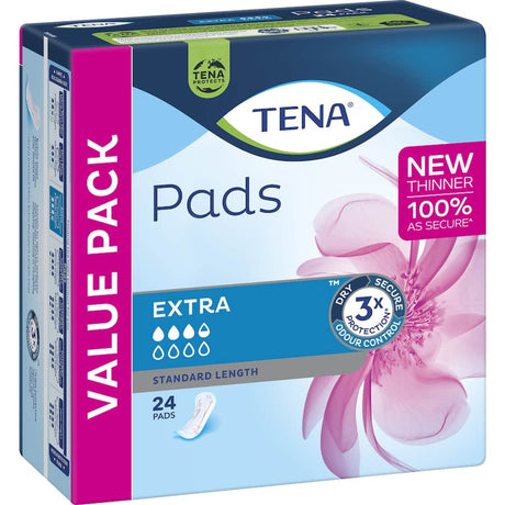 TENA Pads Extra Standard Length provide discreet protection for women with medium bladder weakness, featuring soft, absorbent design.