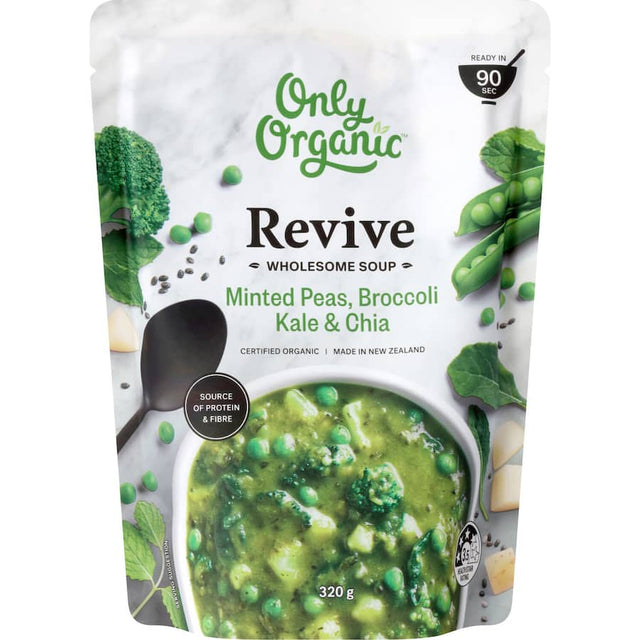 Organic Revive Soup featuring peas, broccoli, kale, and chia, packed with nutrients and flavor for a healthy meal.