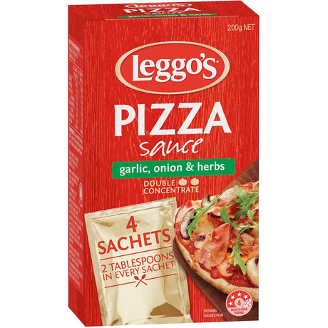 Leggo's Pizza Sauce with garlic, onions, and herbs, perfect for enhancing homemade pizzas without artificial additives.