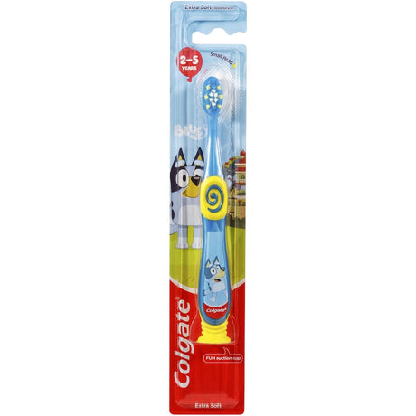 Colgate Junior Smiles Kids Toothbrush featuring Bluey, designed for ages 2-5 with extra soft bristles and ergonomic grip.
