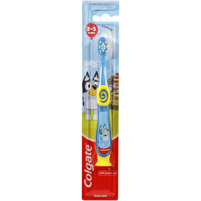 Colgate Junior Smiles Kids Toothbrush featuring Bluey, designed for ages 2-5 with extra soft bristles and ergonomic grip.