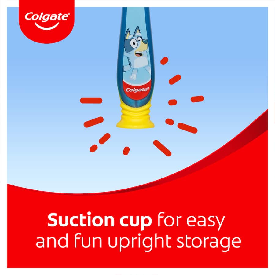 Extra soft Bluey toothbrush for kids 2-5 years, featuring a small head, ergonomic grip, and fun suction cup for easy storage.
