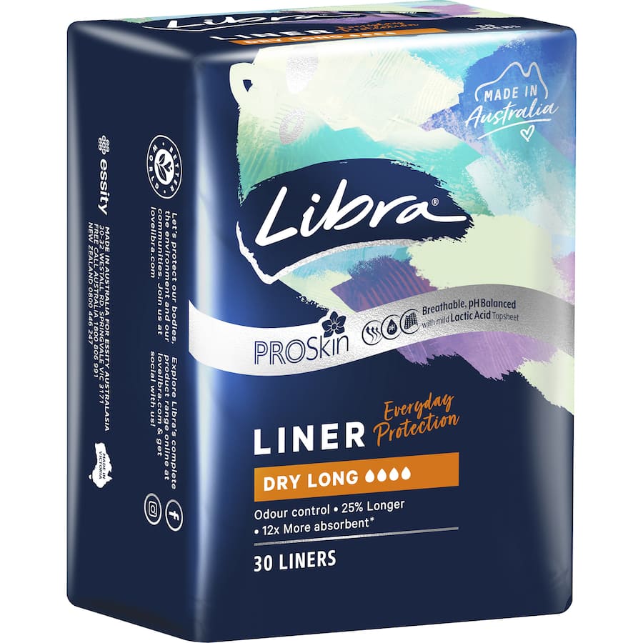 Libra Panty Liners Dry Long: 25% longer liners providing 12x absorbency, moisture-wicking, and secure comfort for daily freshness.