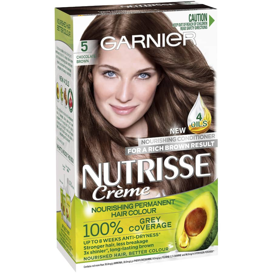 Garnier Nutrisse Hair Colour in Chocolate Brown 5.0, offers vibrant color, 100% grey coverage, and enriched nourishment.