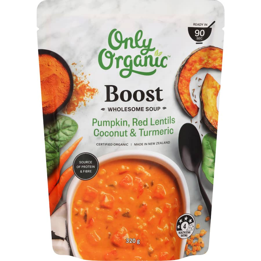 Organic Boost Soup featuring pumpkin, red lentils, and coconut, rich in flavor and nutrients, made in New Zealand.