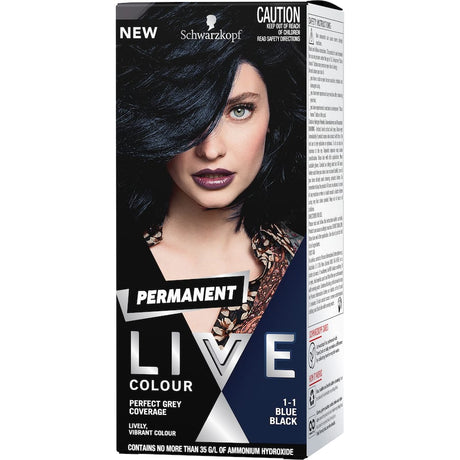 Schwarzkopf Live Colour in Blue Black offers vibrant, long-lasting color with perfect grey coverage and nourishing care.