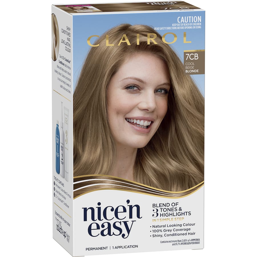 Clairol Nice 'N Easy Hair Colour 7CB in Cool Beige Blonde, showcasing rich tones, highlights, and lasting shine for vibrant hair.