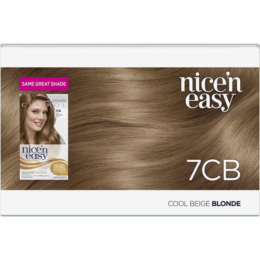 Clairol Nice N Easy Hair Colour in Cool Beige Blonde 7CB, offering vibrant, glossy colour with 100% grey coverage.