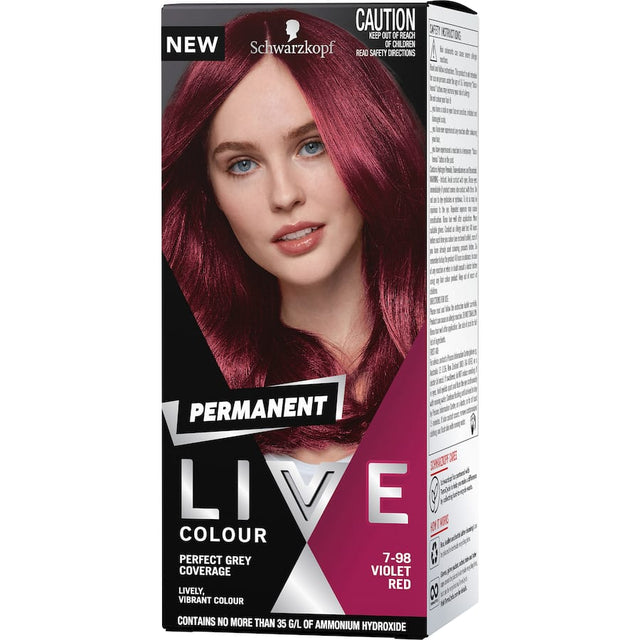 Vibrant violet red hair dye with perfect grey coverage and nourishing formula for intense shine and care.