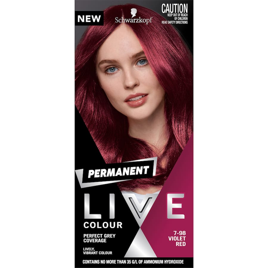 Vibrant violet red hair dye offering permanent color, grey coverage, and nourishing shine with SalonPlex technology.