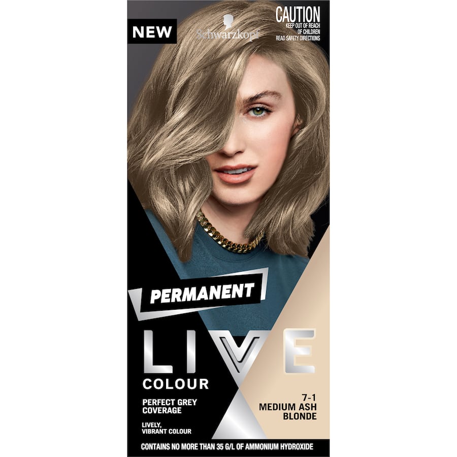 Schwarzkopf Live Colour Permanent Hair Dye in Medium Ash Blonde, ensuring vibrant color, grey coverage, and healthy shine.