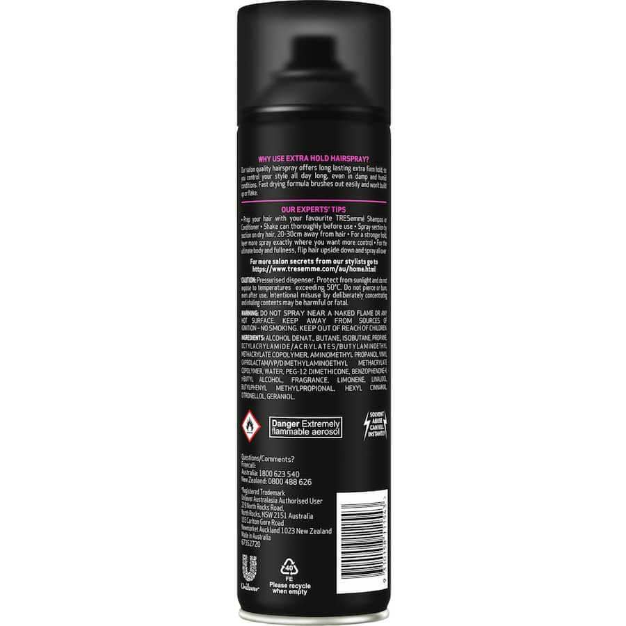 Tresemme Hair Spray Extra Hold provides maximum hold, flyaway control, and fast-drying, humidity-resistant styling for salon-quality hair.