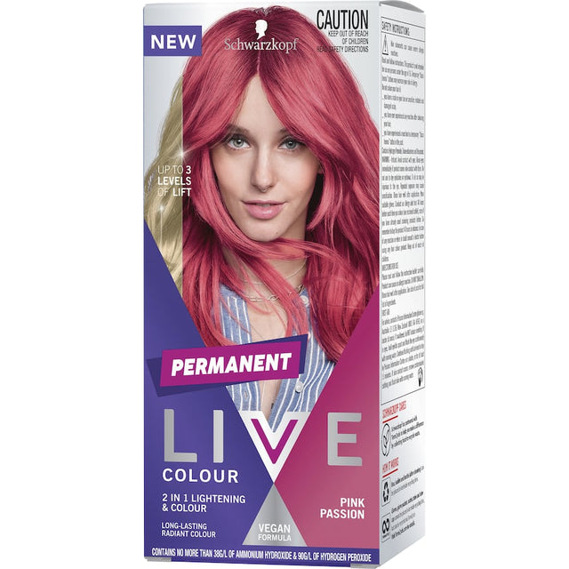 Schwarzkopf Live Colour Permanent Hair Colour in Pink Passion, offering vibrant shades and 2-in-1 lightening with vegan ingredients.