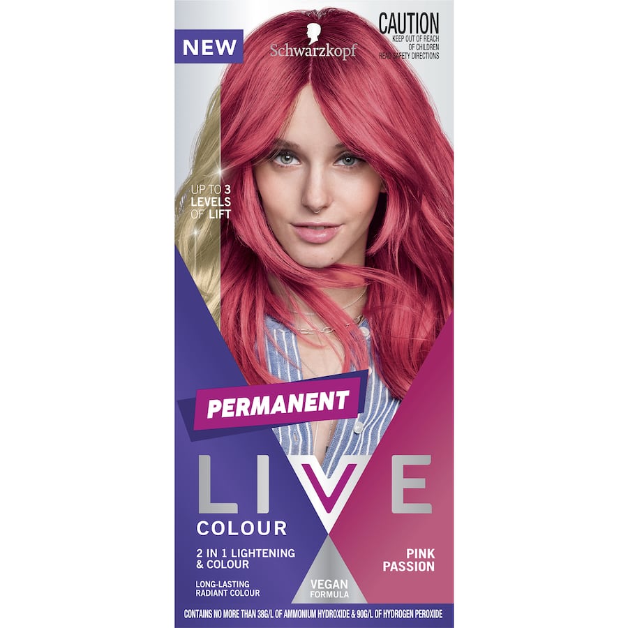 Vibrant pink permanent hair color with 2-in-1 lightening formula, vegan and anti-brassiness for bold, long-lasting results.