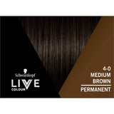 Schwarzkopf Live Colour in Medium Brown: vibrant, long-lasting hair dye with excellent grey coverage and nourishing SalonPlex conditioner.