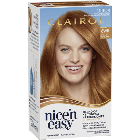 Clairol Nice N Easy Hair Colour in Golden Auburn 8WR, providing rich, warm tones and 100% grey coverage for vibrant, lasting color.