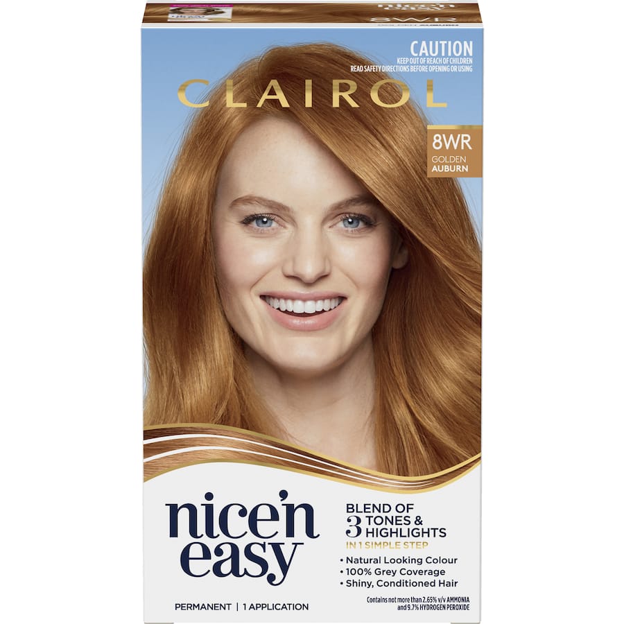 Clairol Nice N Easy Golden Auburn 8WR hair dye offers vibrant, natural colour with 100% grey coverage and intense conditioning gloss.