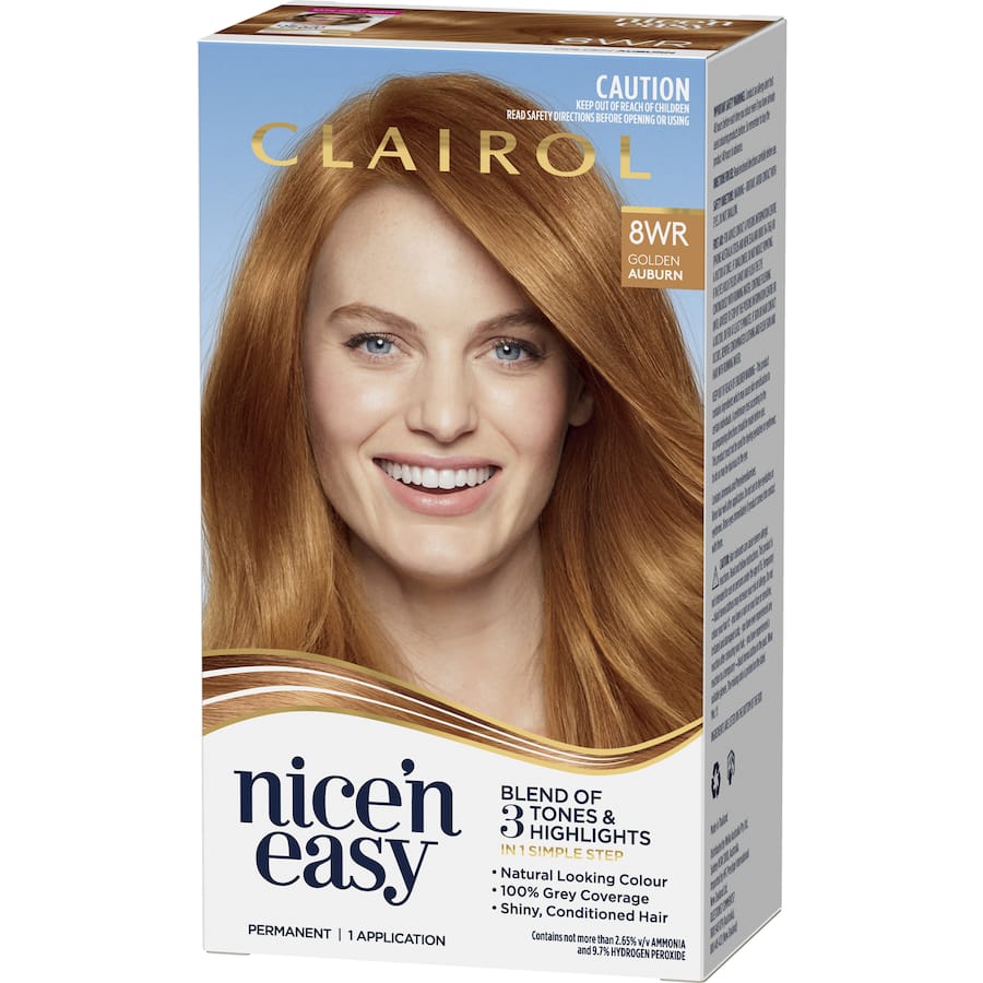 Clairol Nice N Easy Golden Auburn 8WR hair dye, featuring rich warm tones and 100% grey coverage for vibrant, natural color.