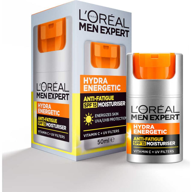 L'Oréal Paris Men Expert Hydra Energetic SPF 15 moisturiser revitalizes skin with caffeine and Vitamin C, offering UV protection and hydration.